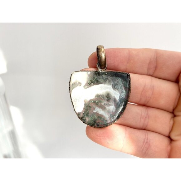 Moss Agate Geometric Gold Tint Gemstone Sterling Silver 925 Vintage Pendant - Picture 10 of 10